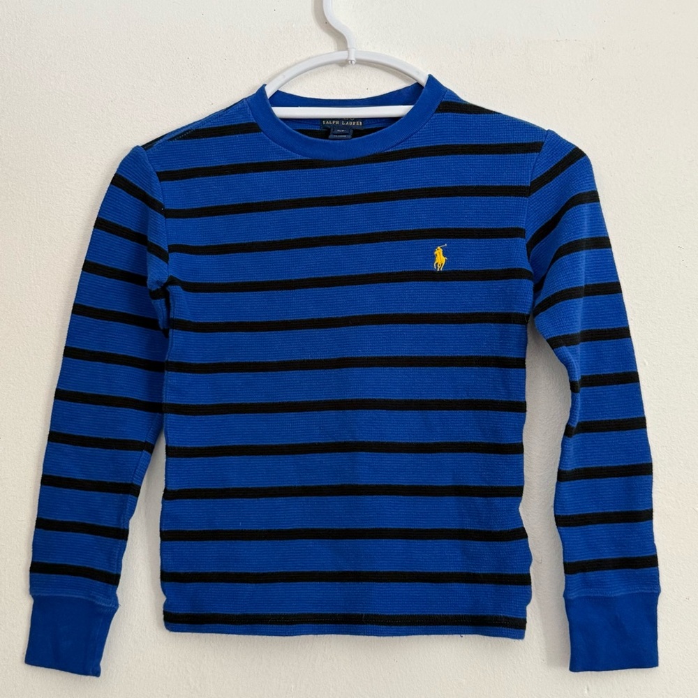 Ralph Lauren Boys Size 8 Royal Blue Black Striped Long Sleeve Thermal Shirt